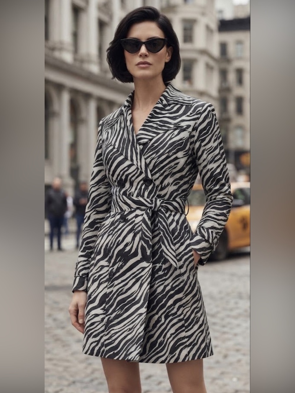 NWOT Vertigo Paris Monochromatic Zebra PrintTrench Double Breasted Jacket Coat